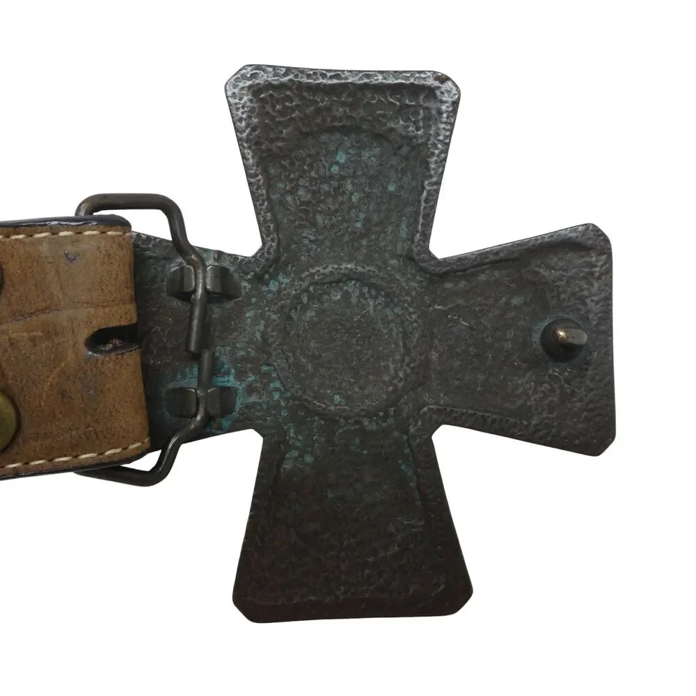 Nocona Brown Croco Print Leather Belt Cross Crystal Buckle Womens Large
